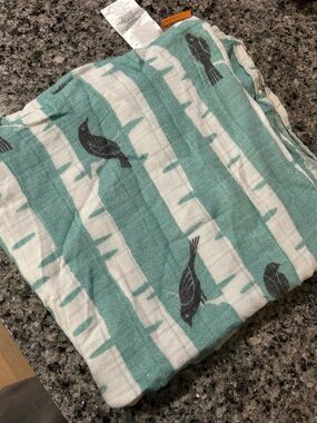 Tula Teal and White Birch Stripe Muslin with Gray Bird Print